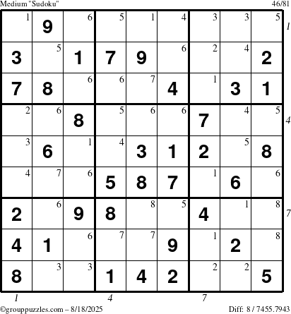 The grouppuzzles.com Medium Sudoku puzzle for Monday August 18, 2025 with all 8 steps marked