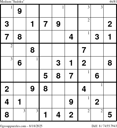 The grouppuzzles.com Medium Sudoku puzzle for Monday August 18, 2025 with the first 3 steps marked