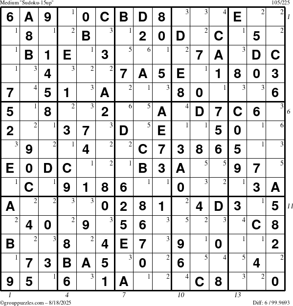 The grouppuzzles.com Medium Sudoku-15up puzzle for Monday August 18, 2025, suitable for printing, with all 6 steps marked