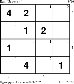 The grouppuzzles.com Easy Sudoku-4 puzzle for Thursday August 21, 2025 with all 2 steps marked