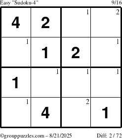 The grouppuzzles.com Easy Sudoku-4 puzzle for Thursday August 21, 2025 with the first 2 steps marked