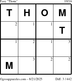 The grouppuzzles.com Easy Thom puzzle for Thursday August 21, 2025 with the first 3 steps marked