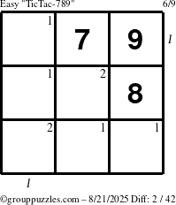 The grouppuzzles.com Easy TicTac-789 puzzle for Thursday August 21, 2025 with all 2 steps marked