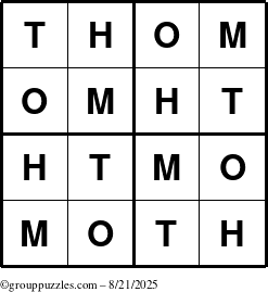 The grouppuzzles.com Answer grid for the Thom puzzle for Thursday August 21, 2025