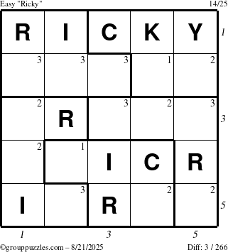 The grouppuzzles.com Easy Ricky puzzle for Thursday August 21, 2025 with all 3 steps marked