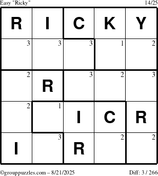 The grouppuzzles.com Easy Ricky puzzle for Thursday August 21, 2025 with the first 3 steps marked