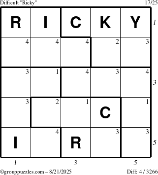 The grouppuzzles.com Difficult Ricky puzzle for Thursday August 21, 2025 with all 4 steps marked