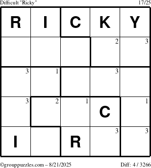 The grouppuzzles.com Difficult Ricky puzzle for Thursday August 21, 2025 with the first 3 steps marked