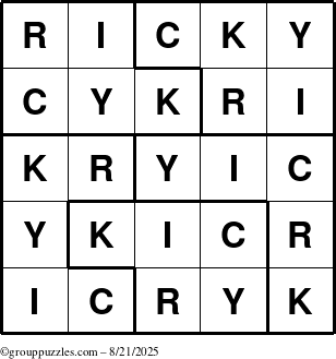 The grouppuzzles.com Answer grid for the Ricky puzzle for Thursday August 21, 2025