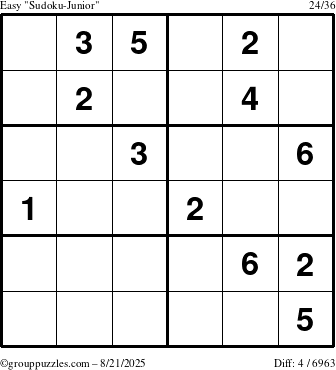 The grouppuzzles.com Easy Sudoku-Junior puzzle for Thursday August 21, 2025