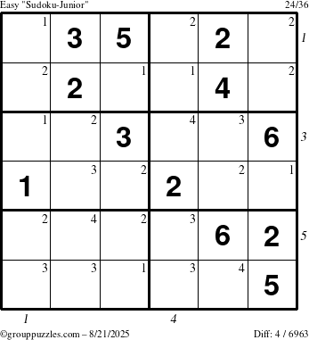 The grouppuzzles.com Easy Sudoku-Junior puzzle for Thursday August 21, 2025 with all 4 steps marked