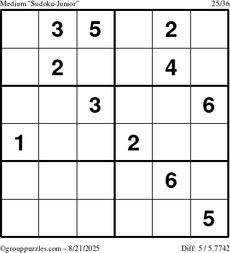 The grouppuzzles.com Medium Sudoku-Junior puzzle for Thursday August 21, 2025
