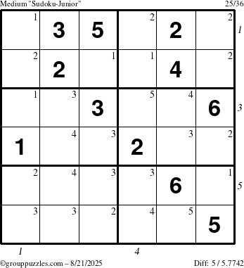 The grouppuzzles.com Medium Sudoku-Junior puzzle for Thursday August 21, 2025 with all 5 steps marked