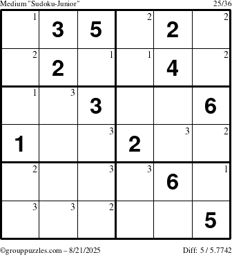 The grouppuzzles.com Medium Sudoku-Junior puzzle for Thursday August 21, 2025 with the first 3 steps marked