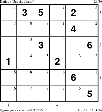 The grouppuzzles.com Difficult Sudoku-Junior puzzle for Thursday August 21, 2025 with all 8 steps marked