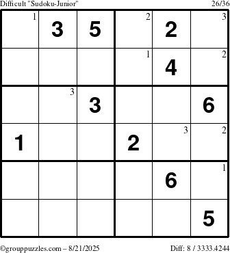 The grouppuzzles.com Difficult Sudoku-Junior puzzle for Thursday August 21, 2025 with the first 3 steps marked