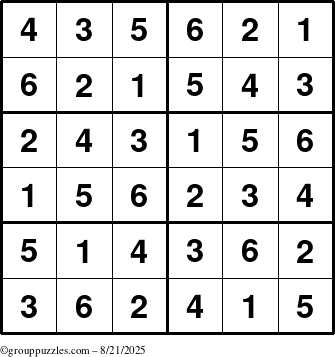 The grouppuzzles.com Answer grid for the Sudoku-Junior puzzle for Thursday August 21, 2025