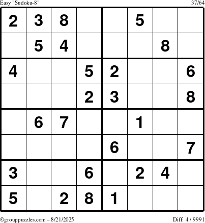The grouppuzzles.com Easy Sudoku-8 puzzle for Thursday August 21, 2025