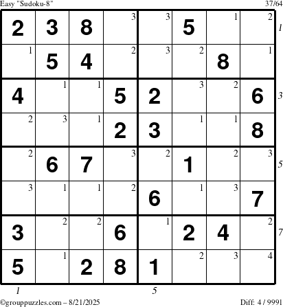 The grouppuzzles.com Easy Sudoku-8 puzzle for Thursday August 21, 2025 with all 4 steps marked
