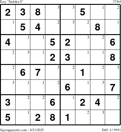 The grouppuzzles.com Easy Sudoku-8 puzzle for Thursday August 21, 2025 with the first 3 steps marked