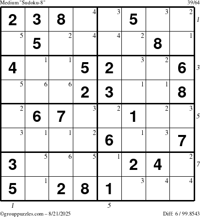 The grouppuzzles.com Medium Sudoku-8 puzzle for Thursday August 21, 2025 with all 6 steps marked