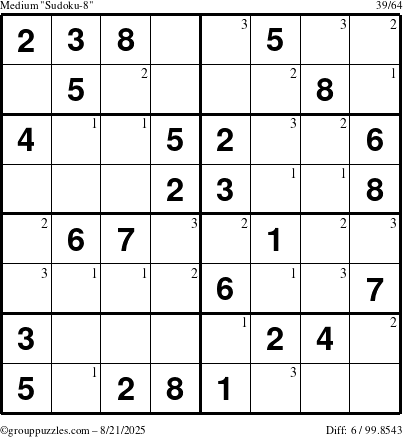 The grouppuzzles.com Medium Sudoku-8 puzzle for Thursday August 21, 2025 with the first 3 steps marked