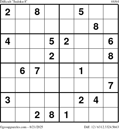The grouppuzzles.com Difficult Sudoku-8 puzzle for Thursday August 21, 2025