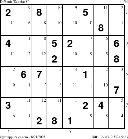 The grouppuzzles.com Difficult Sudoku-8 puzzle for Thursday August 21, 2025 with all 12 steps marked