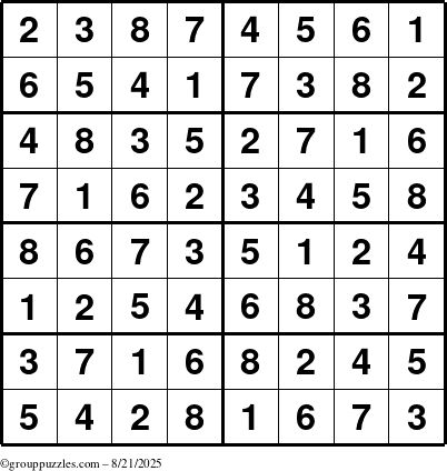 The grouppuzzles.com Answer grid for the Sudoku-8 puzzle for Thursday August 21, 2025