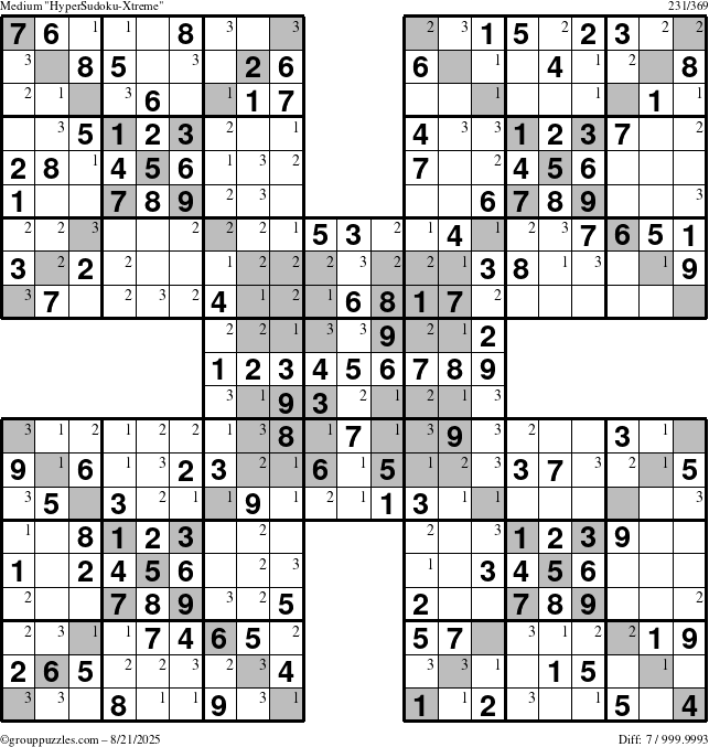 The grouppuzzles.com Medium cover-HyperXtreme puzzle for Thursday August 21, 2025 with the first 3 steps marked