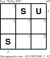 The grouppuzzles.com Easy TicTac-STU puzzle for Thursday August 21, 2025 with all 2 steps marked