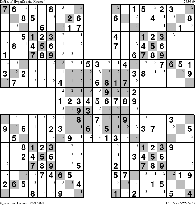 The grouppuzzles.com Difficult cover-HyperXtreme puzzle for Thursday August 21, 2025 with the first 3 steps marked