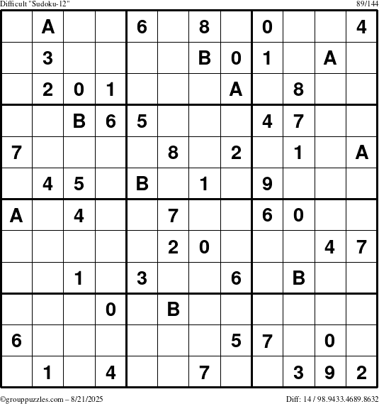 The grouppuzzles.com Difficult Sudoku-12 puzzle for Thursday August 21, 2025
