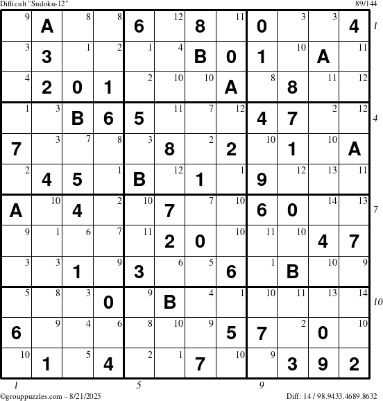 The grouppuzzles.com Difficult Sudoku-12 puzzle for Thursday August 21, 2025 with all 14 steps marked