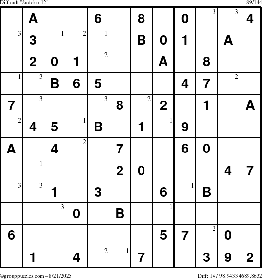 The grouppuzzles.com Difficult Sudoku-12 puzzle for Thursday August 21, 2025 with the first 3 steps marked