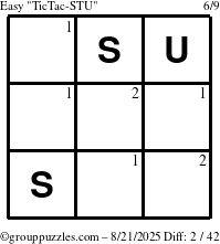 The grouppuzzles.com Easy TicTac-STU puzzle for Thursday August 21, 2025 with the first 2 steps marked