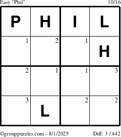 The grouppuzzles.com Easy Phil puzzle for Friday August 1, 2025 with the first 3 steps marked