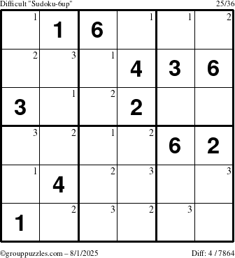 The grouppuzzles.com Difficult Sudoku-6up puzzle for Friday August 1, 2025 with the first 3 steps marked