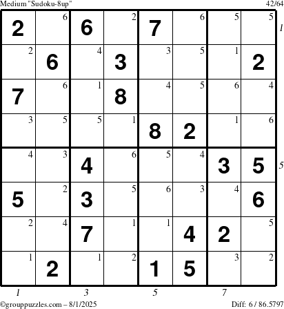 The grouppuzzles.com Medium Sudoku-8up puzzle for Friday August 1, 2025, suitable for printing, with all 6 steps marked