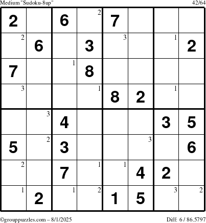 The grouppuzzles.com Medium Sudoku-8up puzzle for Friday August 1, 2025 with the first 3 steps marked