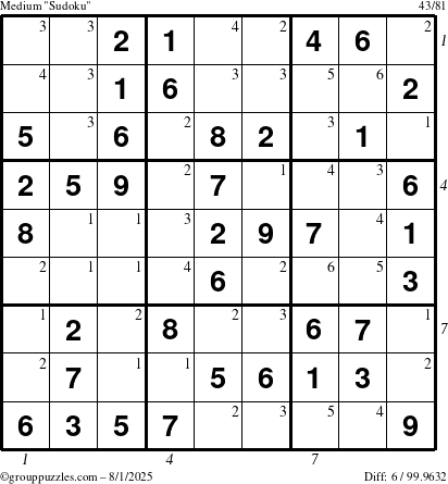 The grouppuzzles.com Medium Sudoku puzzle for Friday August 1, 2025, suitable for printing, with all 6 steps marked