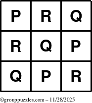 The grouppuzzles.com Answer grid for the TicTac-PQR puzzle for Friday November 28, 2025