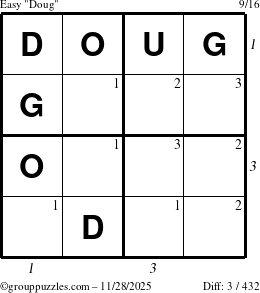 The grouppuzzles.com Easy Doug puzzle for Friday November 28, 2025, suitable for printing, with all 3 steps marked