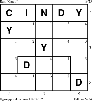 The grouppuzzles.com Easy Cindy puzzle for Friday November 28, 2025 with all 4 steps marked