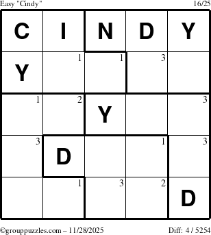 The grouppuzzles.com Easy Cindy puzzle for Friday November 28, 2025 with the first 3 steps marked