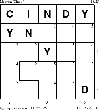 The grouppuzzles.com Medium Cindy puzzle for Friday November 28, 2025 with all 5 steps marked