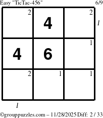 The grouppuzzles.com Easy TicTac-456 puzzle for Friday November 28, 2025, suitable for printing, with all 2 steps marked
