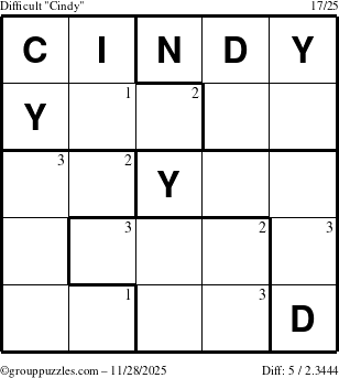 The grouppuzzles.com Difficult Cindy puzzle for Friday November 28, 2025 with the first 3 steps marked