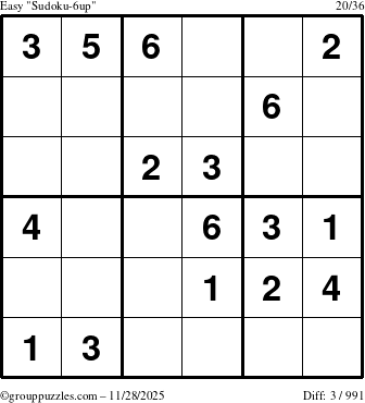 The grouppuzzles.com Easy Sudoku-6up puzzle for Friday November 28, 2025