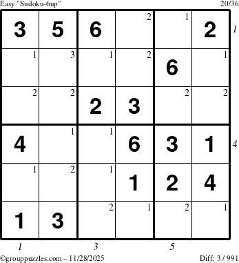 The grouppuzzles.com Easy Sudoku-6up puzzle for Friday November 28, 2025, suitable for printing, with all 3 steps marked